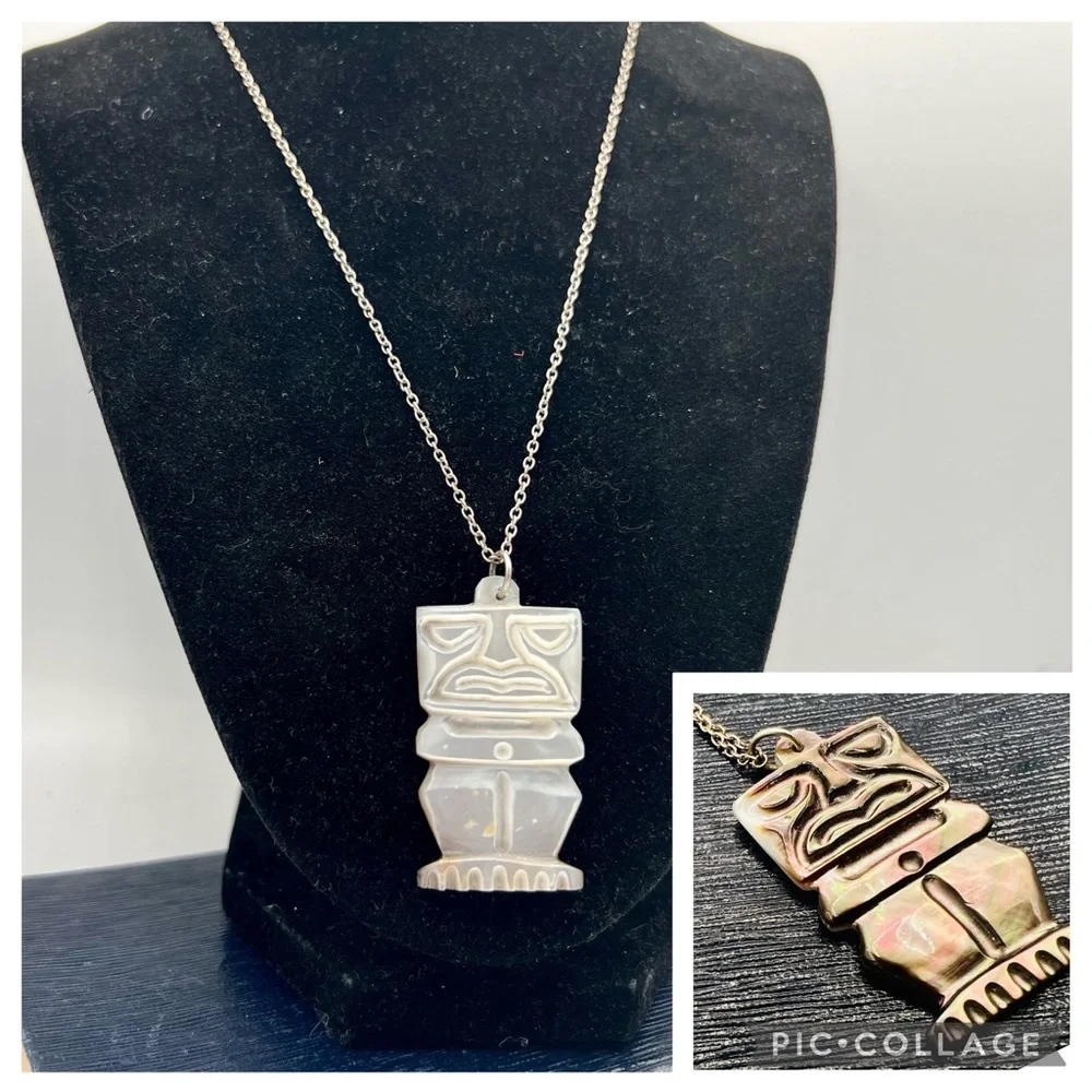 Vintage reversible carved mother of pearl tiki pendant tribal unique 18”